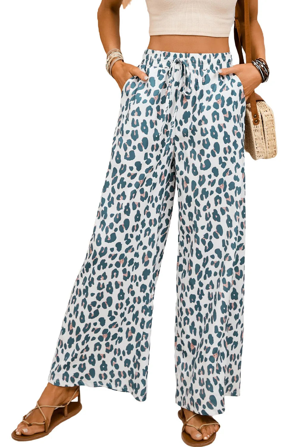 White Leopard Print Pocketed Wide Leg Pants - Chic Meadow Boutique 