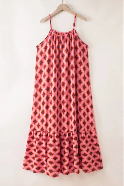 Fiery Red Geometric Print Loose Fit Sleeveless Maxi Dress - Chic Meadow Boutique 