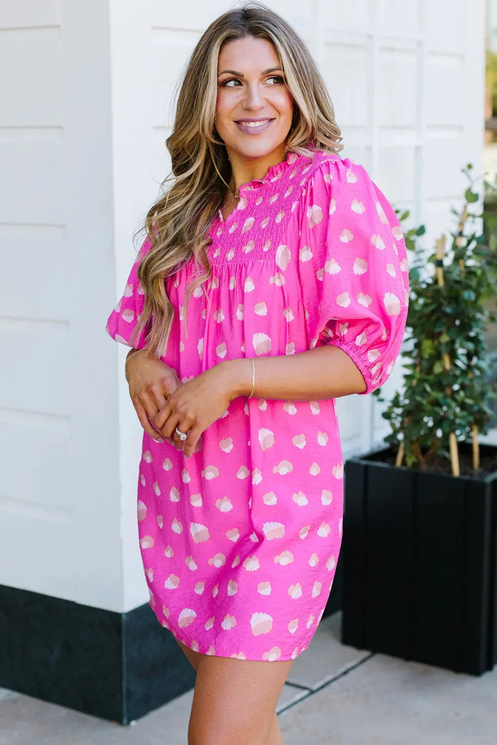 Bright Pink Printed Shirred Yoke Half Puff Sleeve Dress - Chic Meadow Boutique 