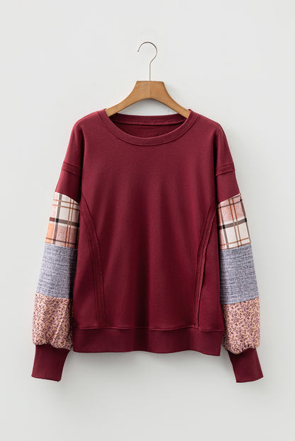 Red Sandalwood Plaid Colorblock Patchwork Sleeve Raw Seam Sweatshirt