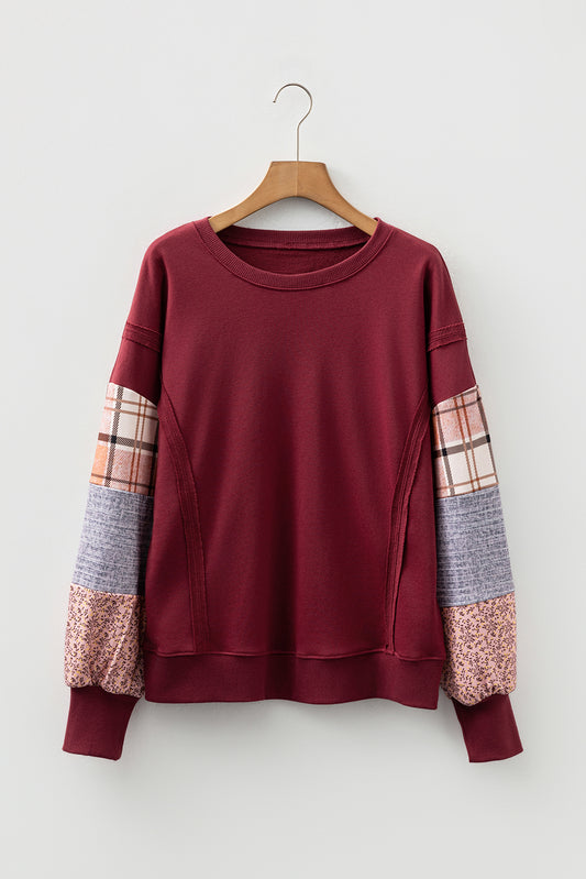 Red Sandalwood Plaid Colorblock Patchwork Sleeve Raw Seam Sweatshirt
