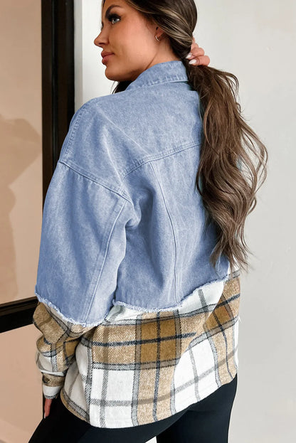 Khaki Plaid Patchwork Buttoned Oversized Denim Jacket - Chic Meadow Boutique 