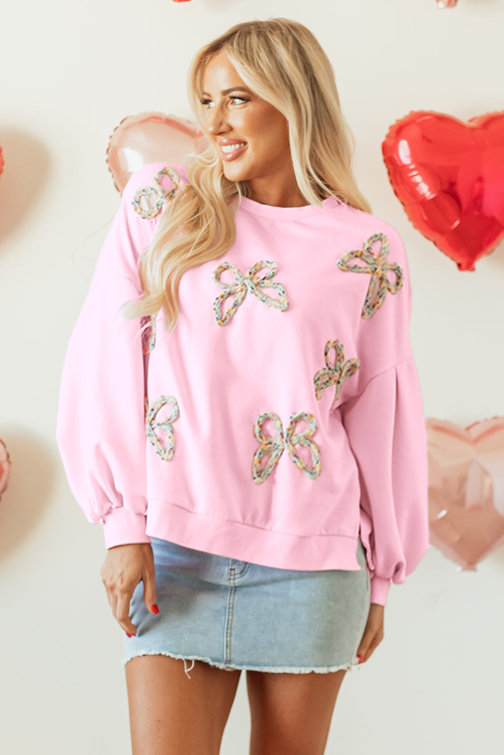 Light Pink Embroidered Bow Lantern Sleeve Oversized Pullover Sweatshirt