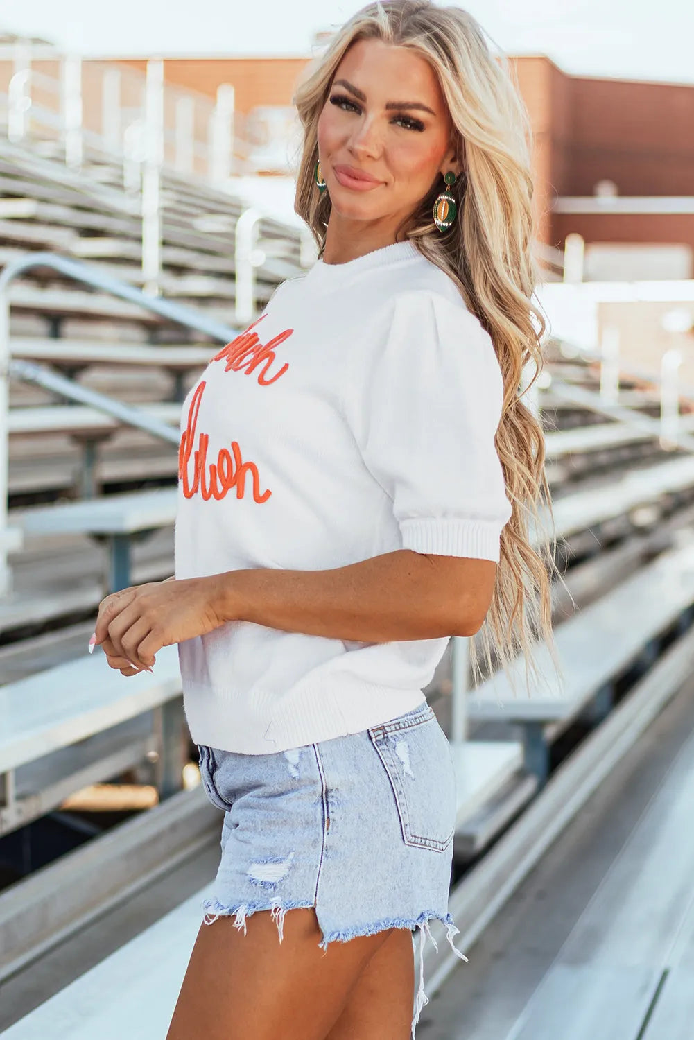 White Touchdown Tinsel Puff Short Sleeve Crew Neck Sweater - Chic Meadow Boutique 