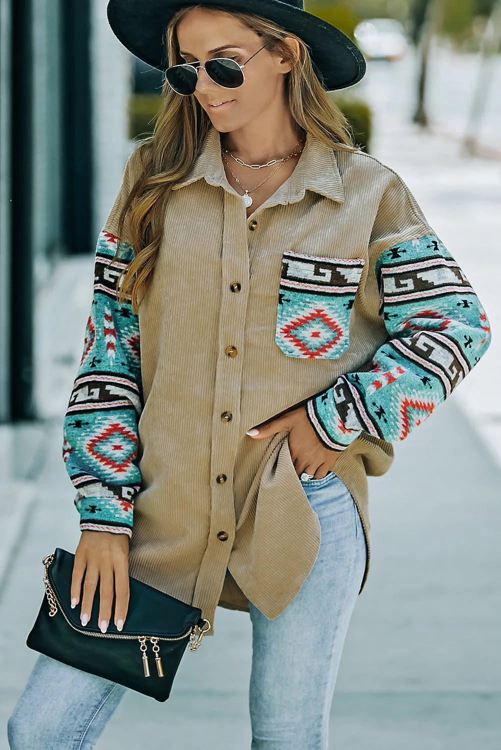 Khaki Aztec Pattern Sleeve Pocketed Corduroy Shacket - Chic Meadow Boutique 