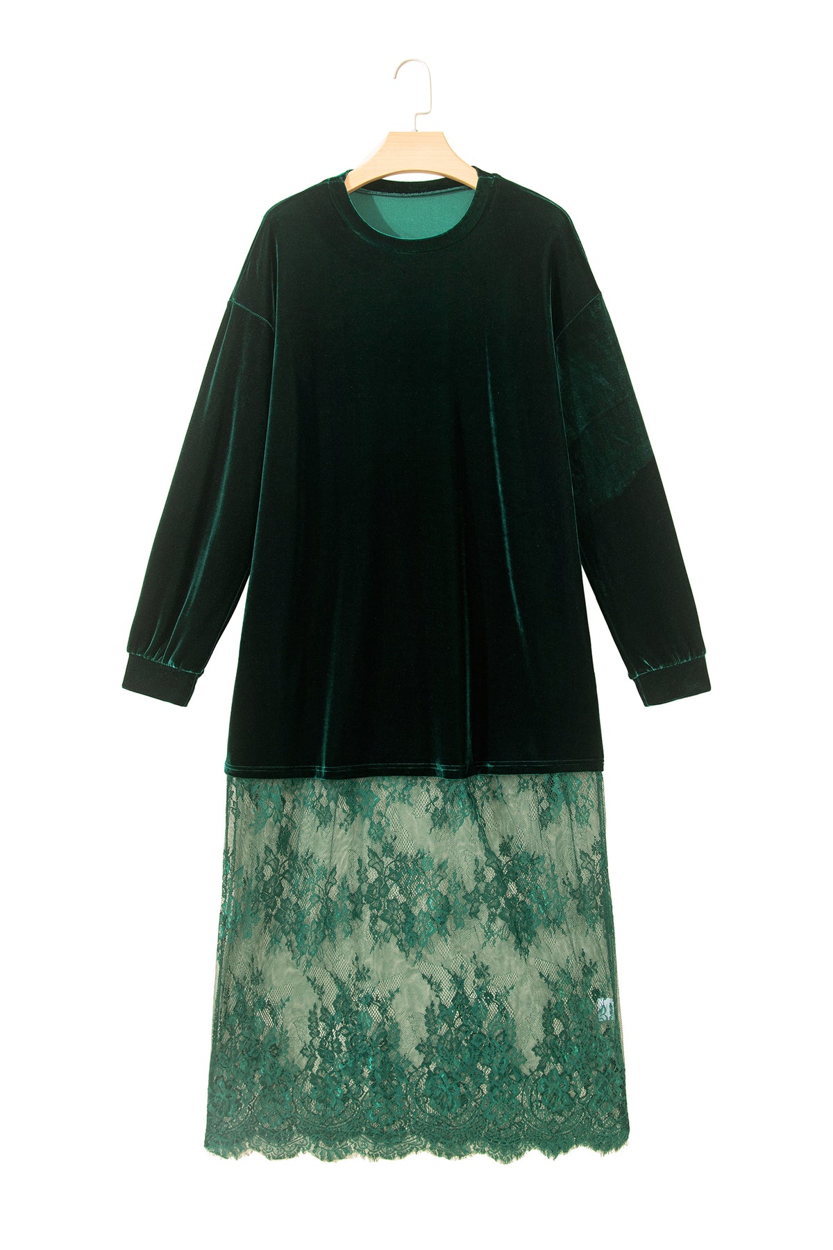 Blackish Green Velvet Long Sleeve Lace Splicing Hem Shift Maxi Dress