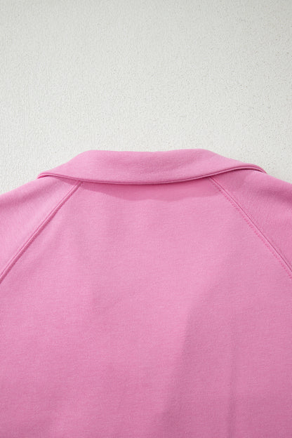 Bright Pink Polo Collar V Neck Pullover and Drawstring Sweatpants Set