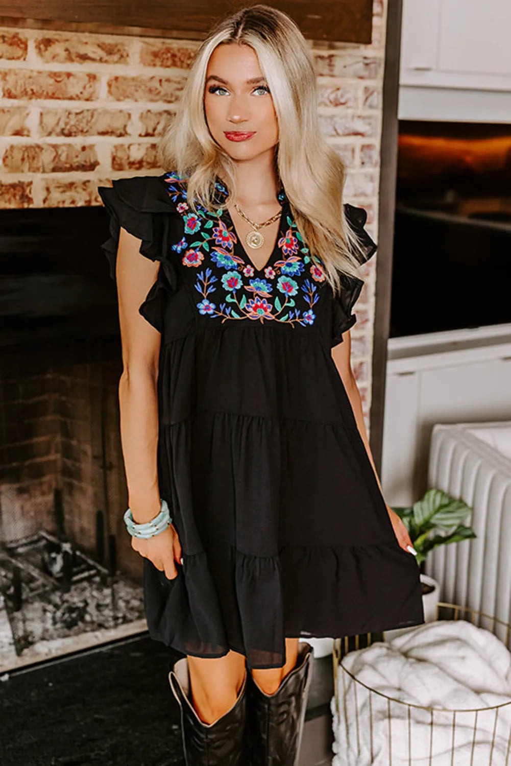 Black Floral Embroidered Tiered Ruffled Mini Dress - Chic Meadow Boutique 