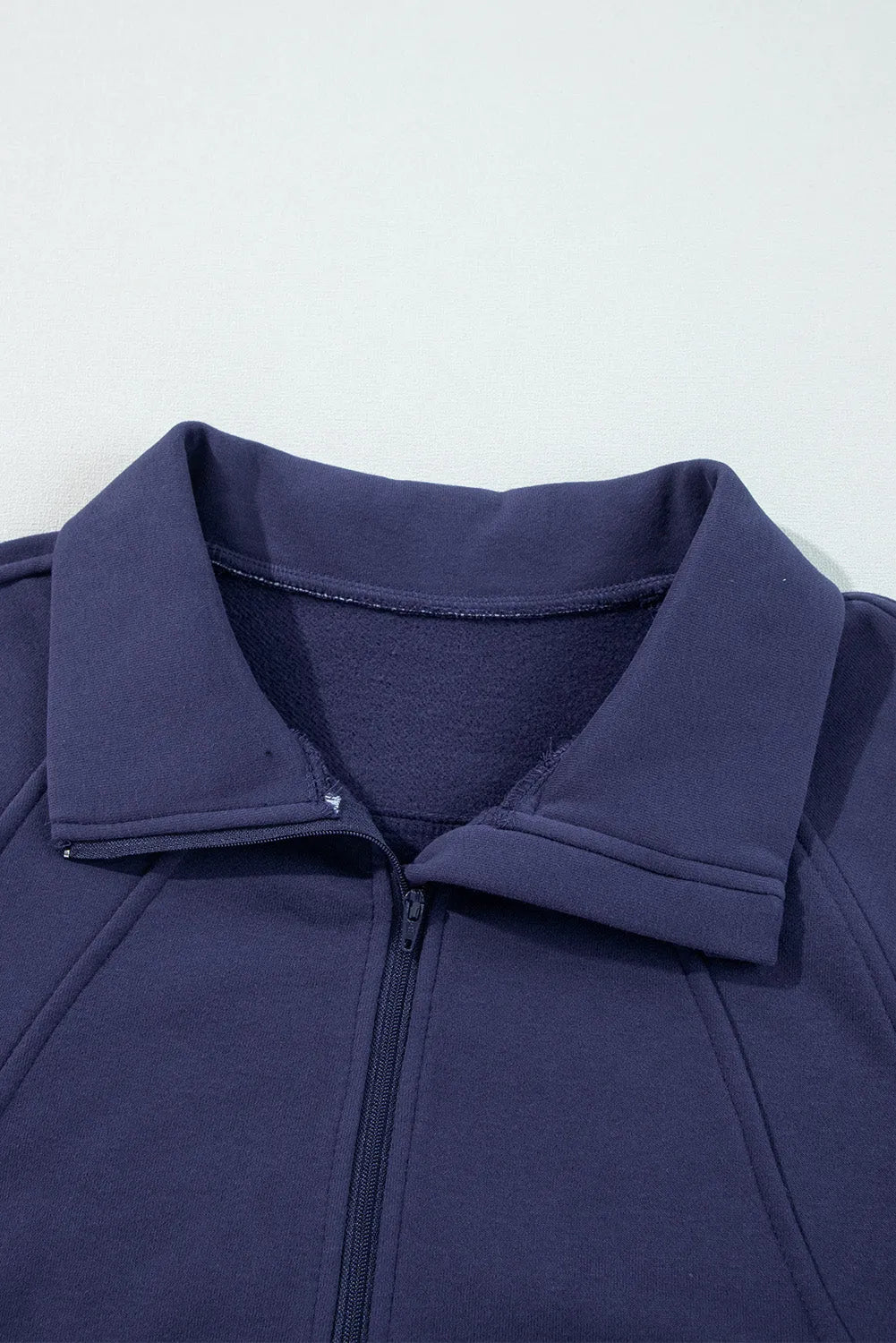 Navy Blue Fleece Lined Zip Up Stand Collar Thumbhole Sleeve Sweatshirt - Chic Meadow Boutique 