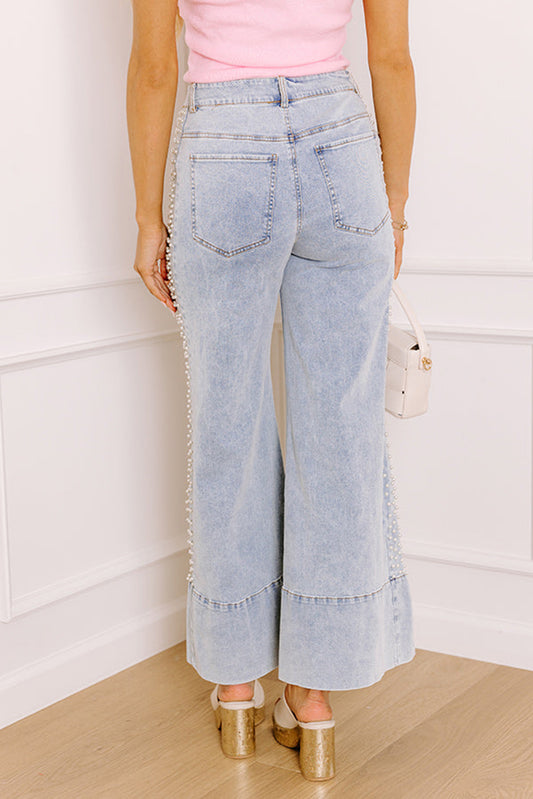 Beau Blue Mid Rise Pearl Embellished Split Wide Leg Jeans