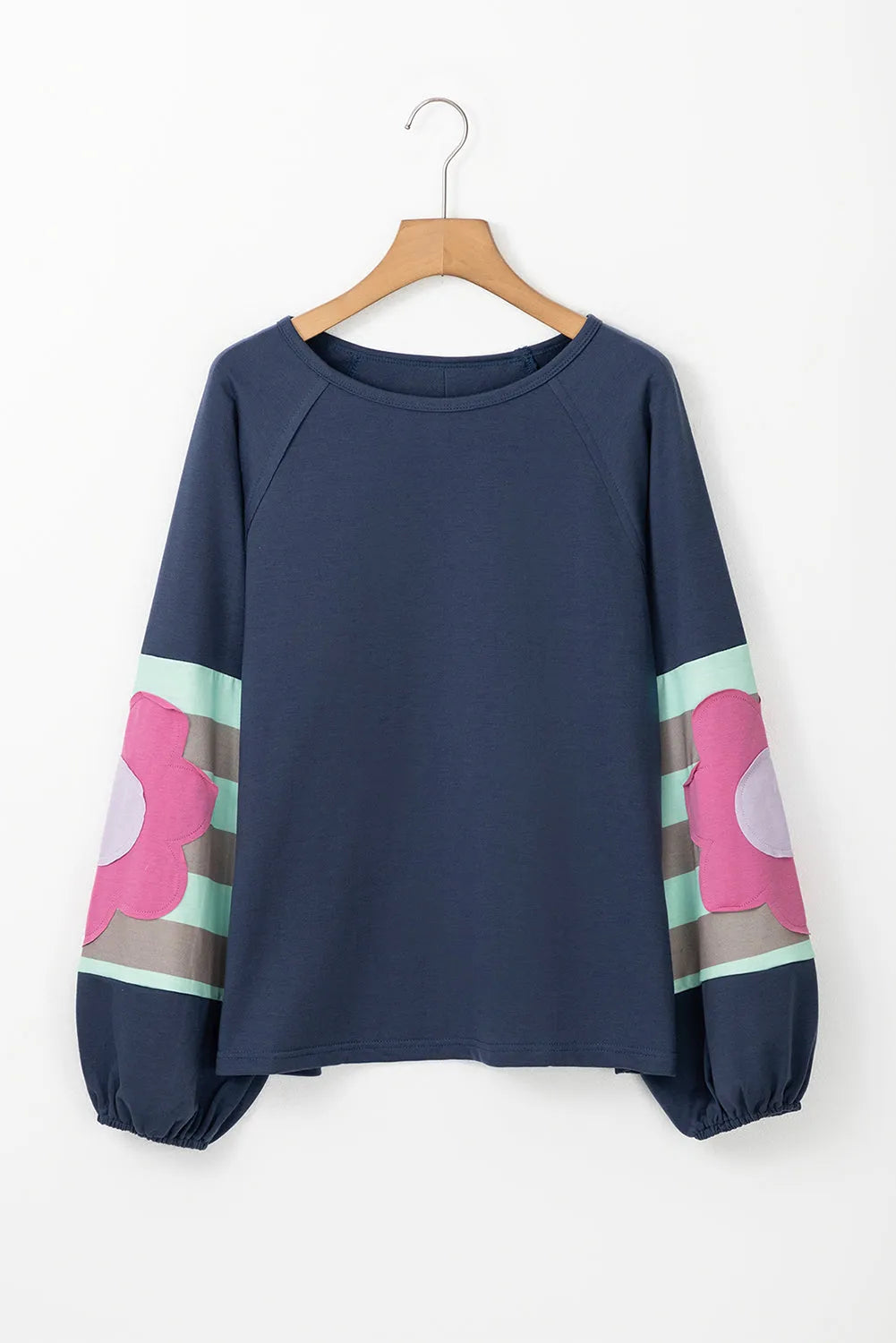 Sail Blue Flower Patchwork Raglan Sleeve Exposed Seam Oversized Top - Chic Meadow Boutique 