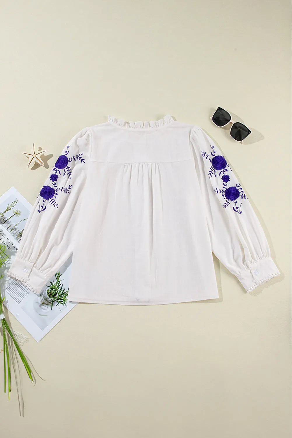 White Floral Embroidered Bracelet Sleeve Shirt - Chic Meadow Boutique 