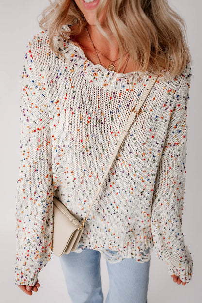 White Colorful Confetti Distressed Knit Sweater - Chic Meadow Boutique 