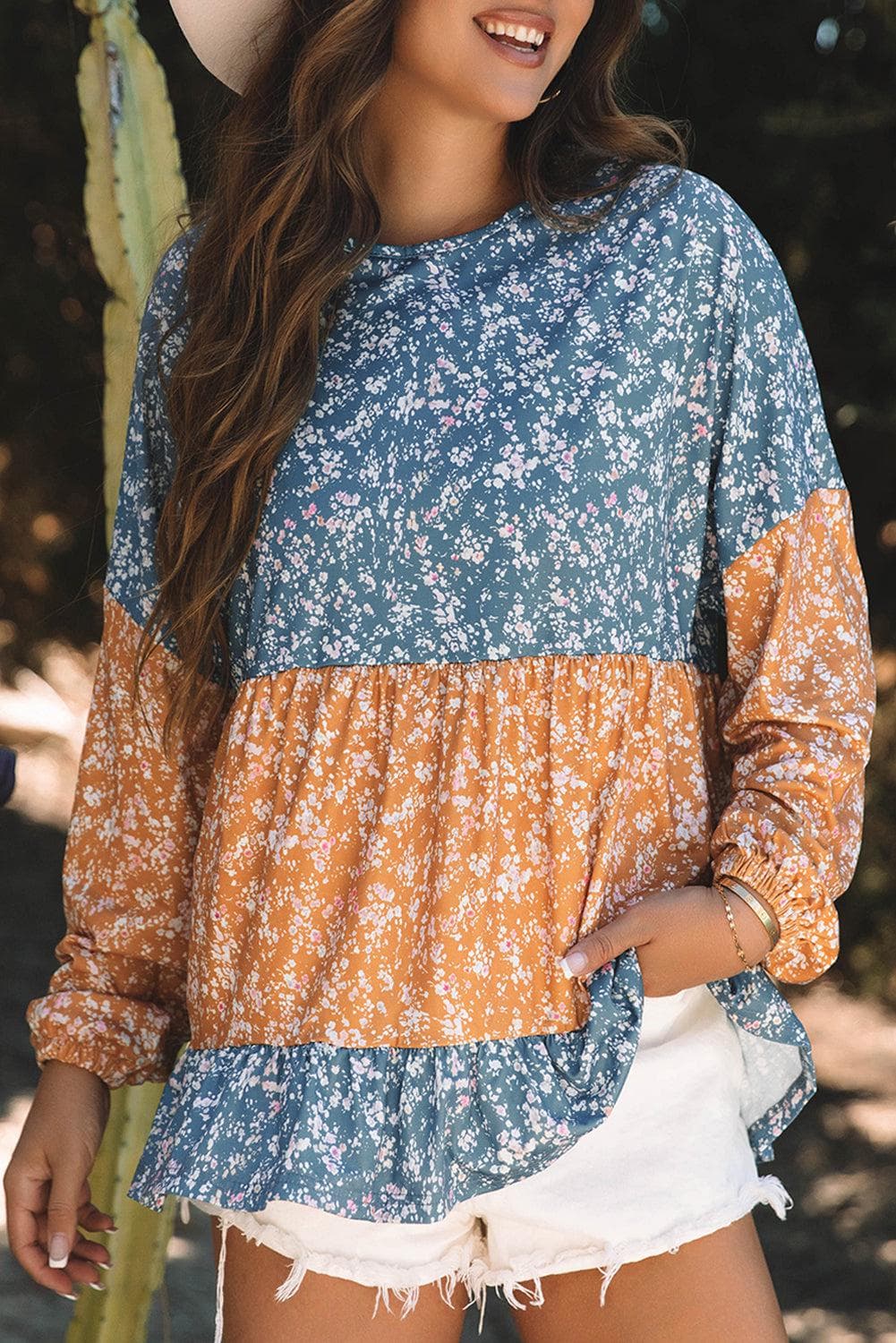 Tops/Blouses & Shirts Orange Floral Color Block Ruffled Hem Round Neck Blouse