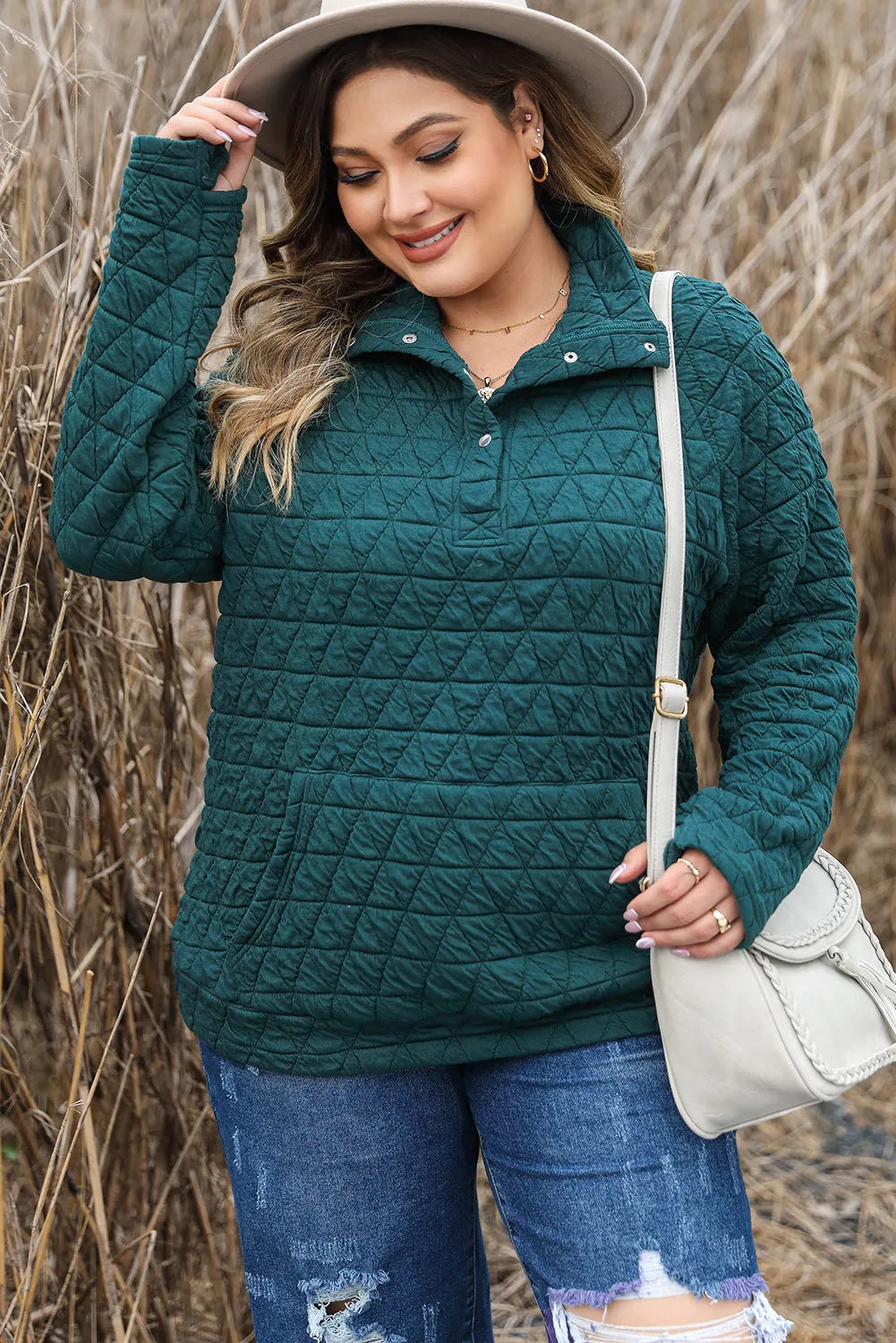 Blackish Green Plus Size Quarter Buttoned Pocketed Quilted Sweatshirt - Chic Meadow Boutique 