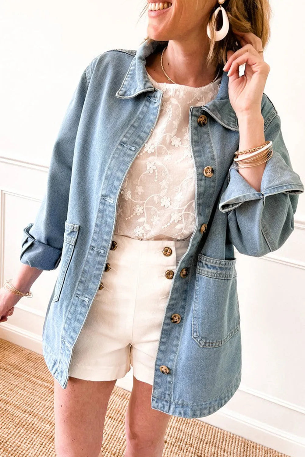 Dusk Blue Slit Buttons Pocketed Denim Jacket - Chic Meadow Boutique 