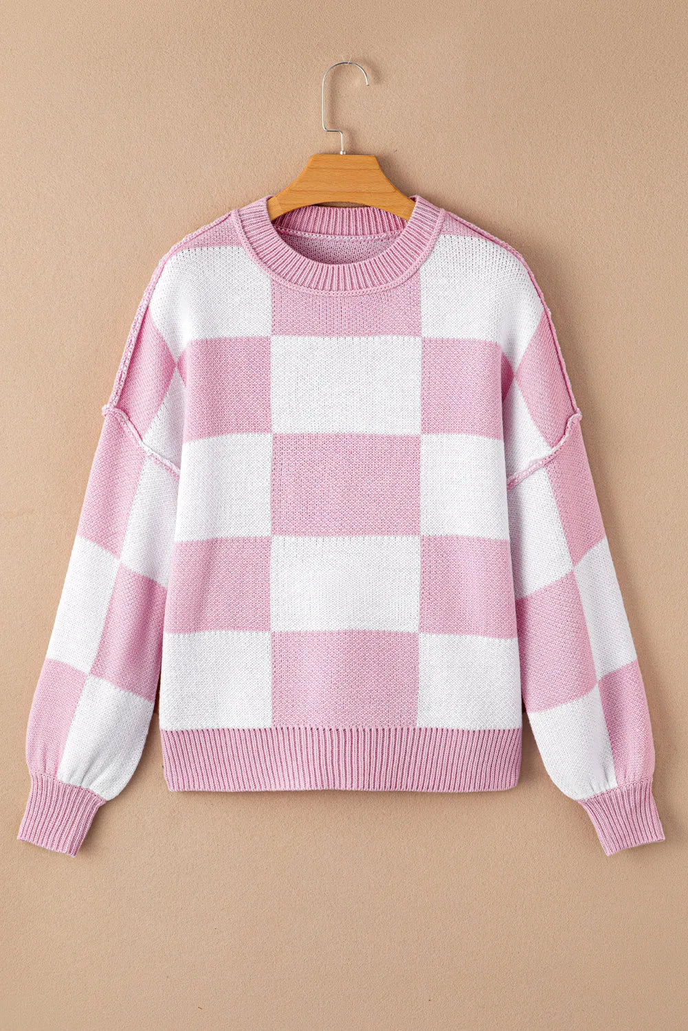 Pink Checkered Bishop Sleeve Sweater - Chic Meadow Boutique 