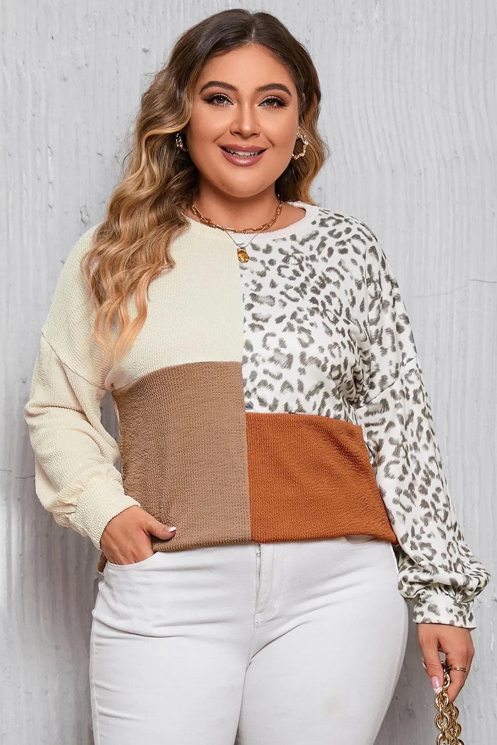 Plus Size/Plus Size Tops/Plus Size Long Sleeve Tops Khaki / 1X / 85%Polyester+15%Elastane Khaki Ribbed Color Block Leopard Splicing Plus Size Top