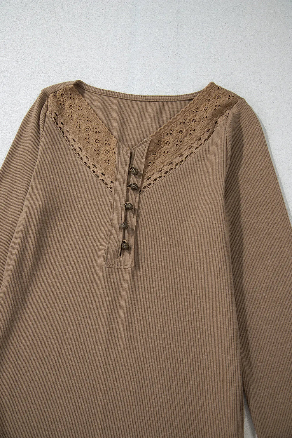 Chestnut Anglaise Broider Ribbed Long Sleeve Top - Chic Meadow Boutique 