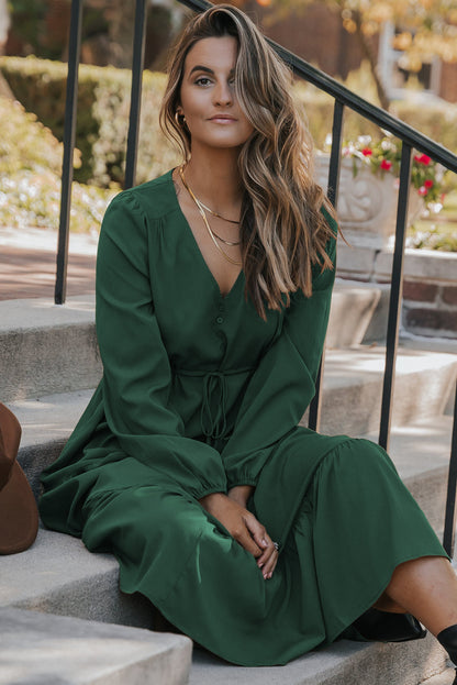 Blackish Green Solid Long Sleeve Button V Neck Tiered Maxi Dress