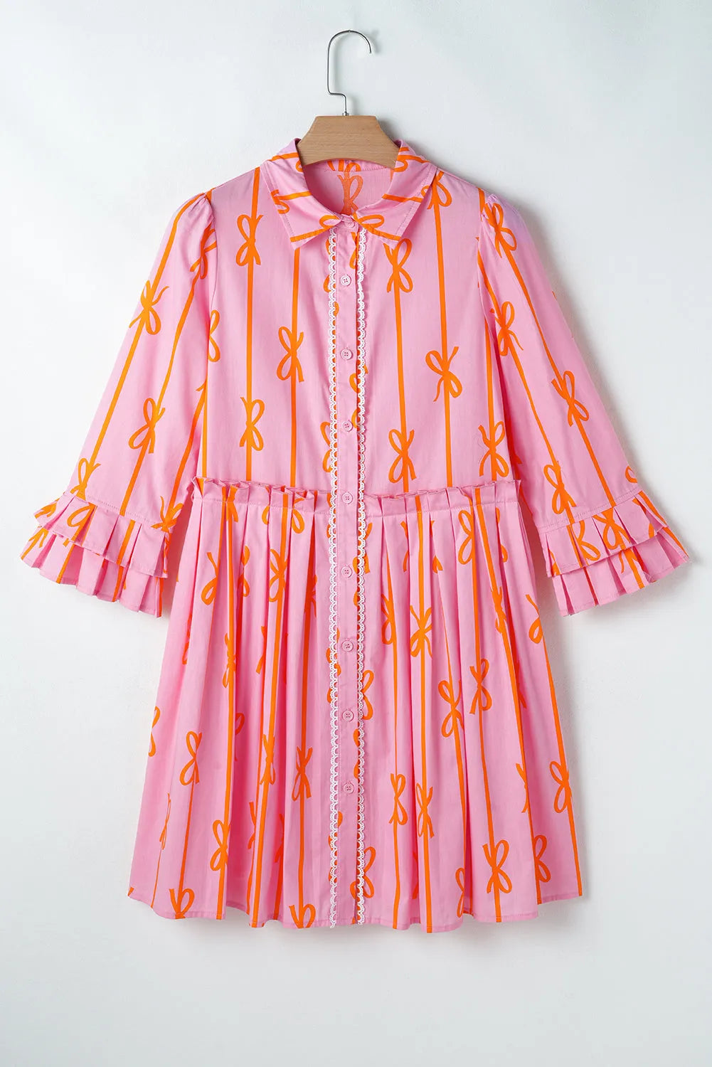 Pink Bowknot Striped Printed Tiered Ruffled Mini Shirt Dress - Chic Meadow Boutique 