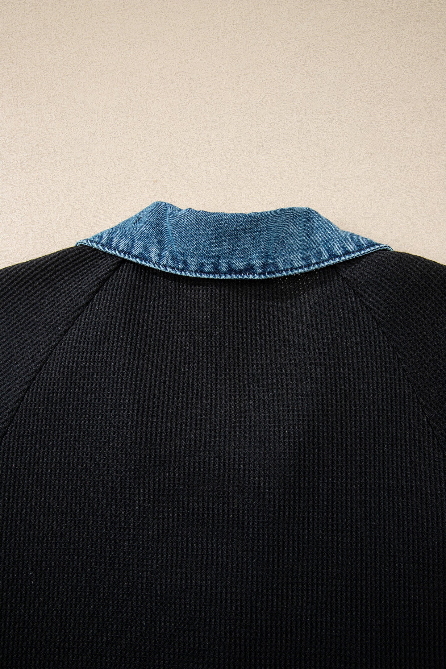 Black Waffle Knit Denim Contrast Trim Patchwork Button Polo Tee Dress