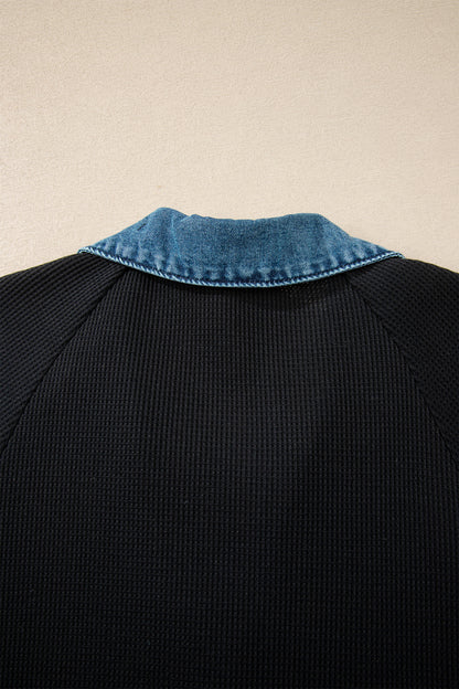 Black Waffle Knit Denim Contrast Trim Patchwork Button Polo Tee Dress