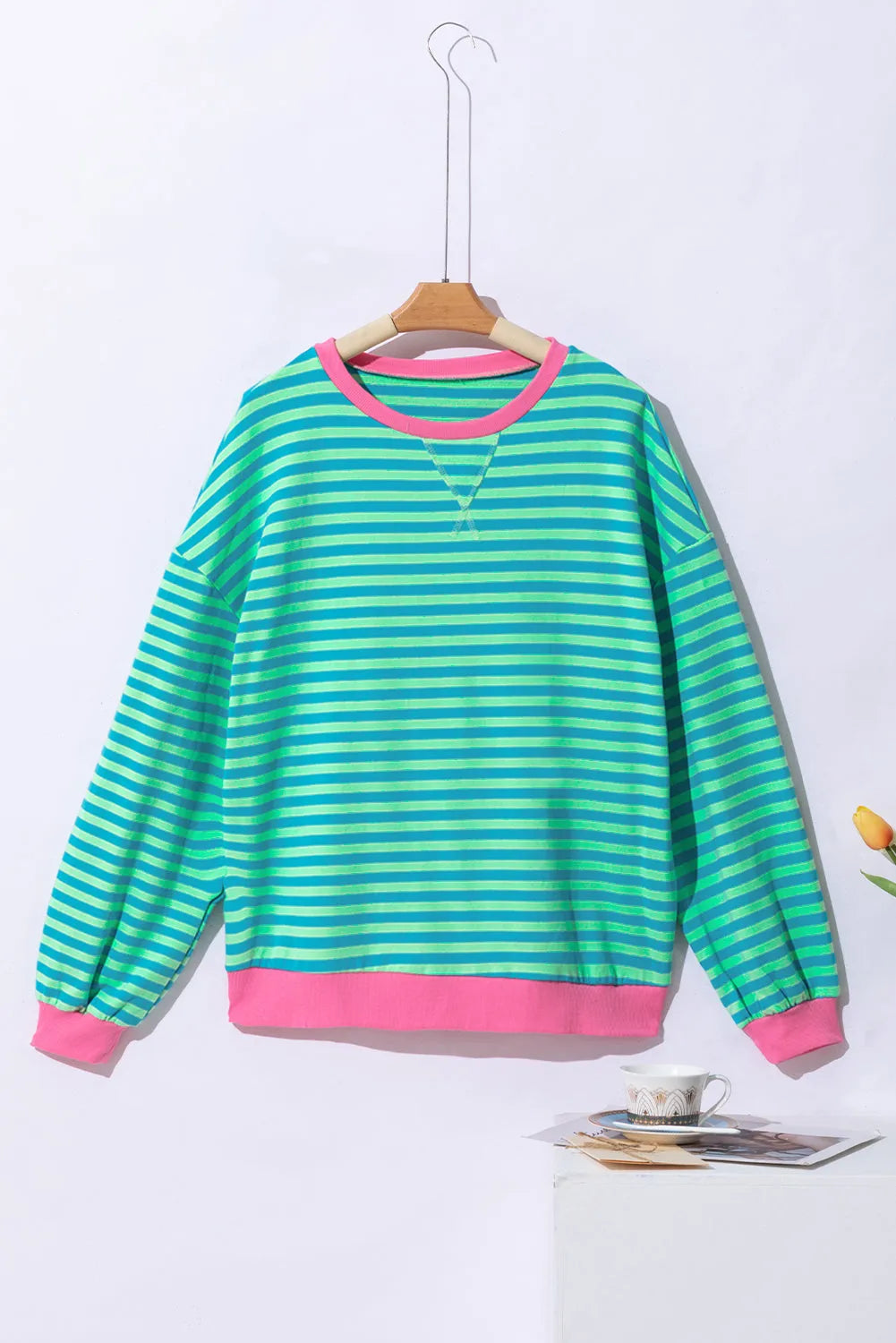 Sky Blue Stripe Oversized Contrast Trim Pullover Sweatshirt - Chic Meadow Boutique 