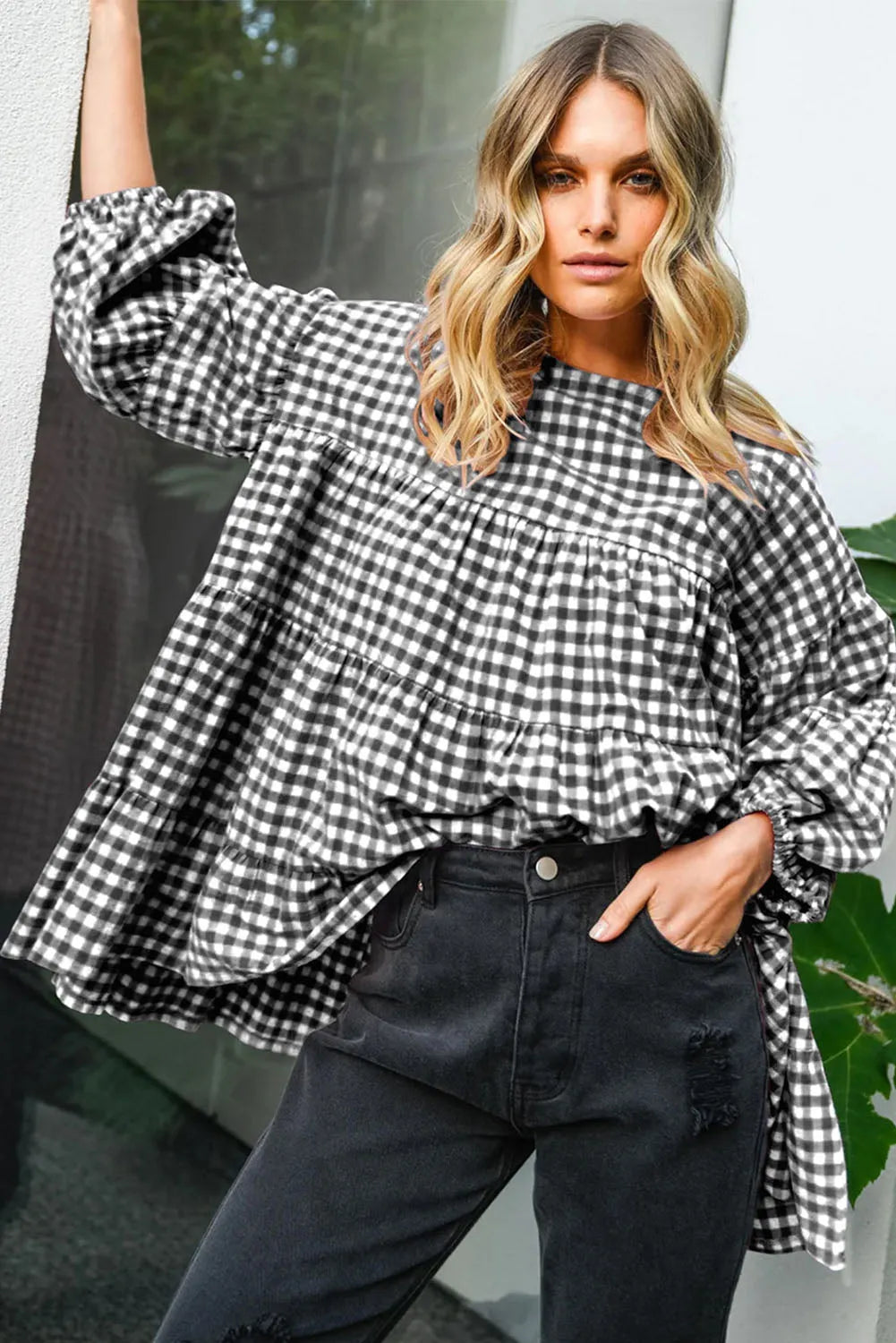 Black Checkered Puff Sleeve Tiered Loose Babydoll Blouse - Chic Meadow Boutique 