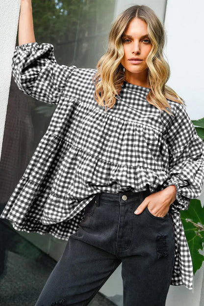 Black Checkered Puff Sleeve Tiered Loose Babydoll Blouse - Chic Meadow Boutique 