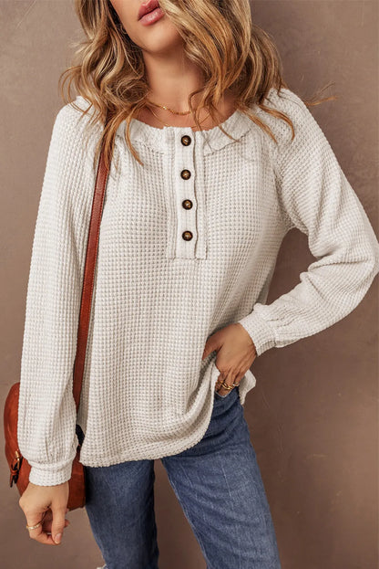 Oatmeal Waffle Knit Buttoned Front Raglan Sleeve Loose Blouse - Chic Meadow Boutique 