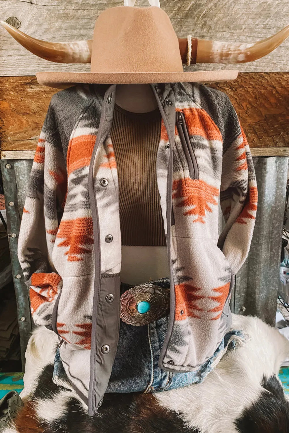 Gray Western Aztec Snap Buttoned Fleece Jacket - Chic Meadow Boutique 