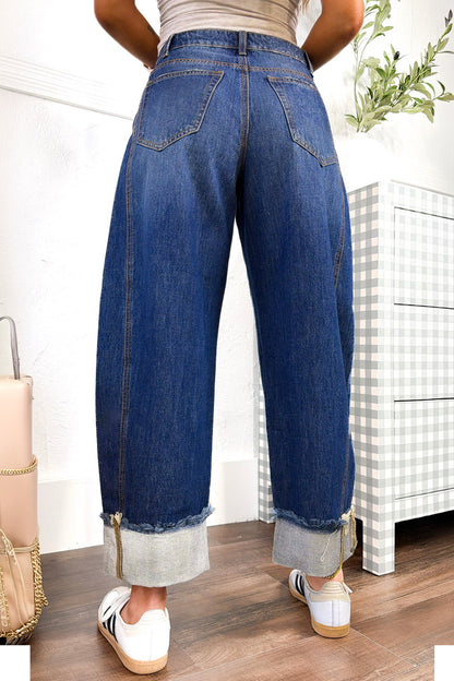Sail Blue Raw Hem Turnup Loose Ankle-length Jeans
