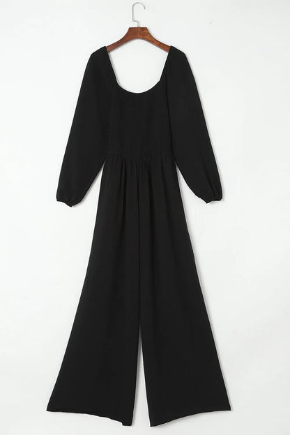 Black Smocked Square Neck Long Sleeve Wide Leg Jumpsuit - Chic Meadow Boutique 