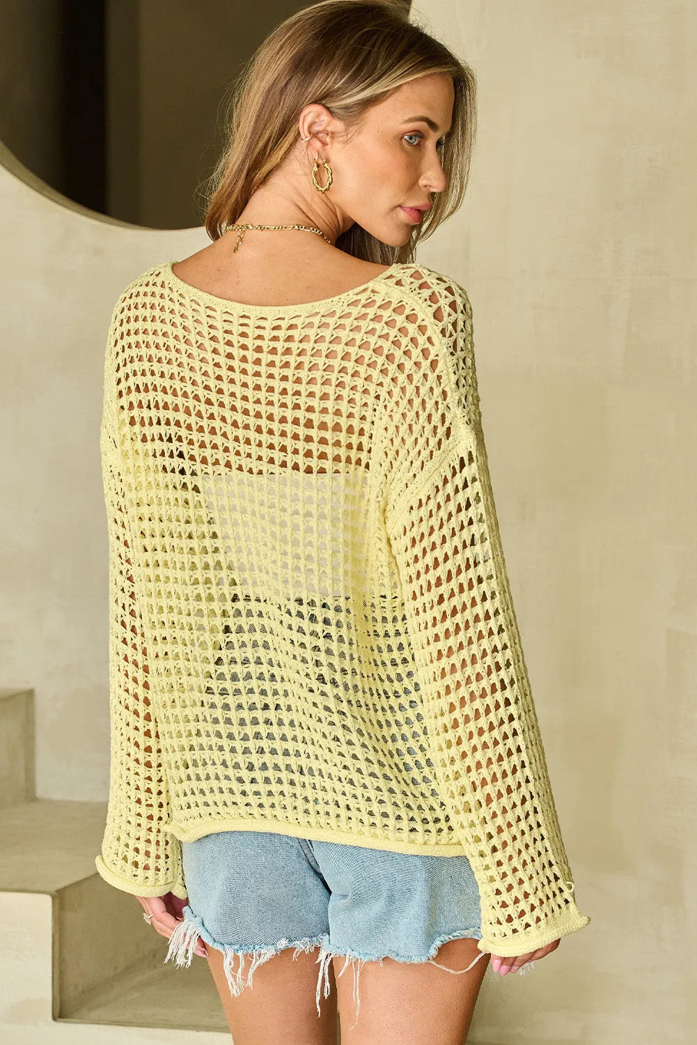 Yellow Open Knit Crochet Bell Sleeve Tunic Sweater - Chic Meadow Boutique 