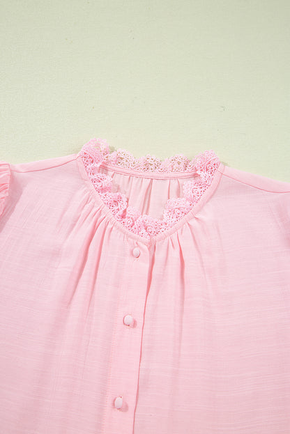 Gossamer Pink Lace Patchwork Edge Collarless Button Up Shirt