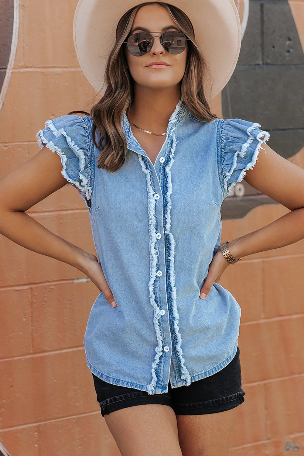 Beau Blue Button Front Ruffled Flutter Frayed Denim Top - Chic Meadow Boutique 