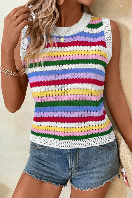 Multicolour Striped Knitted Eyelet Slim Sweater Vest - Chic Meadow Boutique 