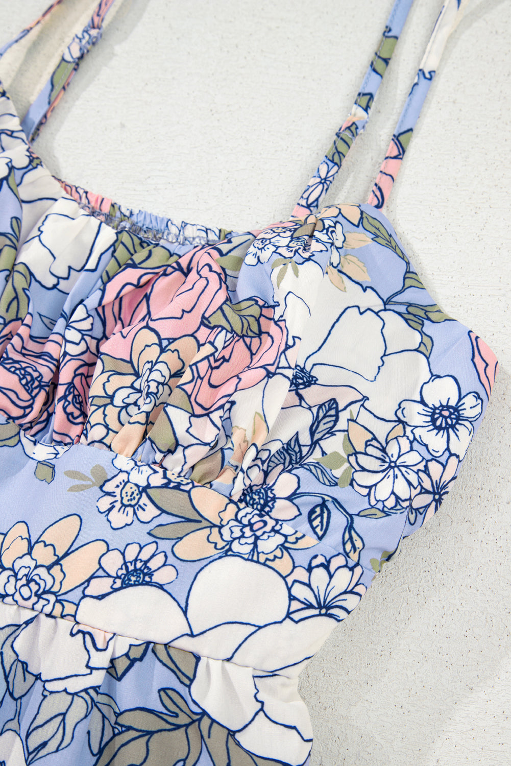 Sky Blue Floral Tiered Patchwork Spaghetti Strap Vacation Dress