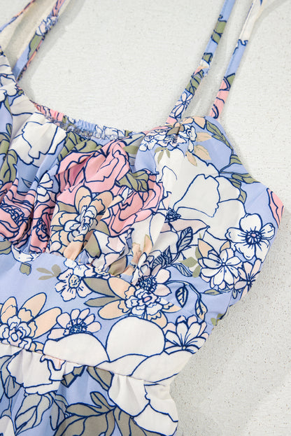 Sky Blue Floral Tiered Patchwork Spaghetti Strap Vacation Dress