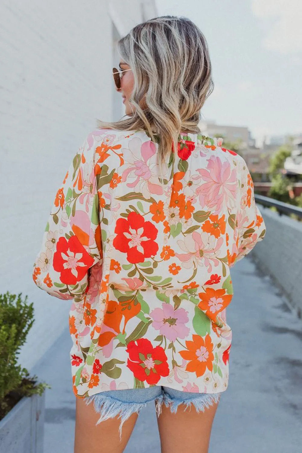 Orange Blooming Flowers Frill Trim Puff Sleeve Blouse - Chic Meadow Boutique 