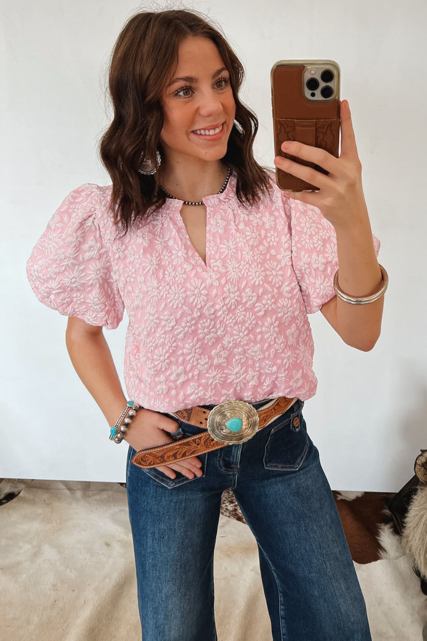 Apricot Pink Floral Textured Jacquard Puff Sleeve Blouse