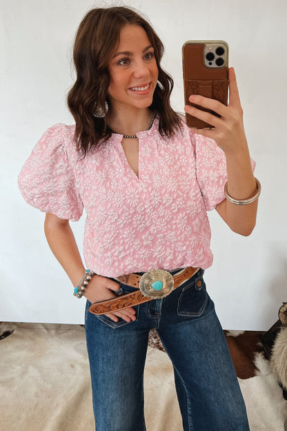 Apricot Pink Floral Textured Jacquard Puff Sleeve Blouse