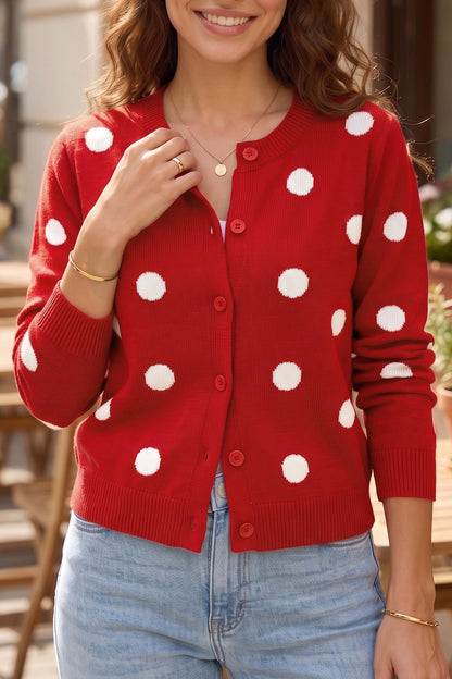 Fiery Red Casual Polka Dot Button Front Long Sleeve Sweater Cardigan