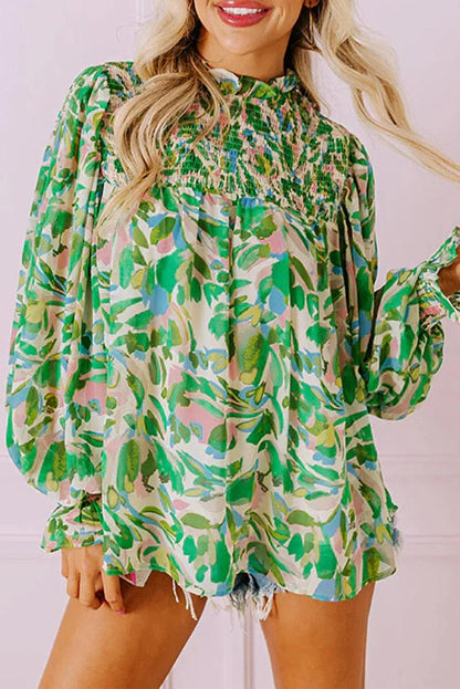 Tops/Blouses & Shirts Green / S / 100%Polyester Green Leafy Printed Flounce Sleeve Shirred Mock Neck Blouse