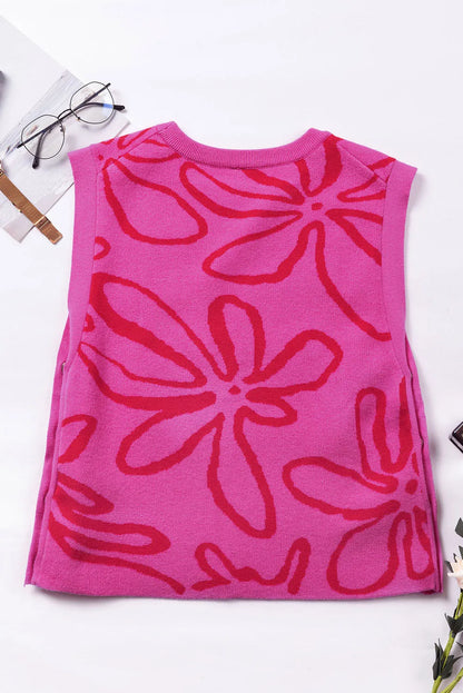 Bright Pink Button Sides Sleeveless Floral Knitted Top - Chic Meadow Boutique 