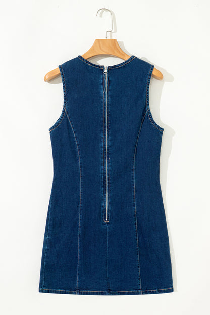 Dirty blue Sleeveless Zipped Bodycon Denim Short Dress