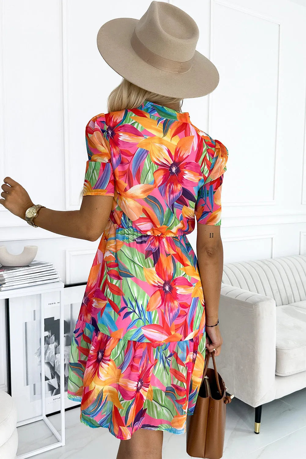 Multicolor Summer Floral Print V Neck Short Sleeve Dress - Chic Meadow Boutique 