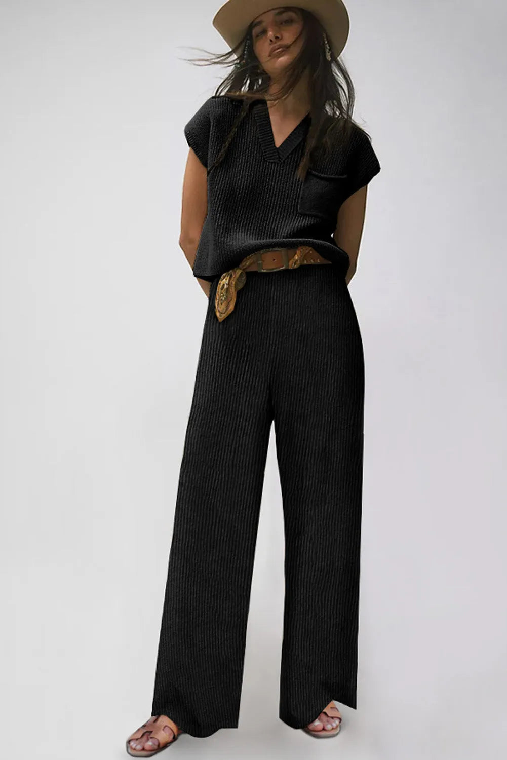 Black Knitted V Neck Sweater and Casual Pants Set - Chic Meadow Boutique 