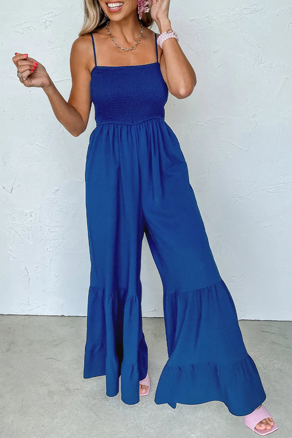 Navy Blue Spaghetti Straps Smocked Ruffled Wide Leg Jumpsuit - Chic Meadow Boutique 